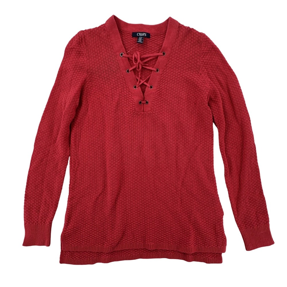 Chaps Sweater Womens Small Red Lace Up Knit Pullover Long Sleeve Lightweight New